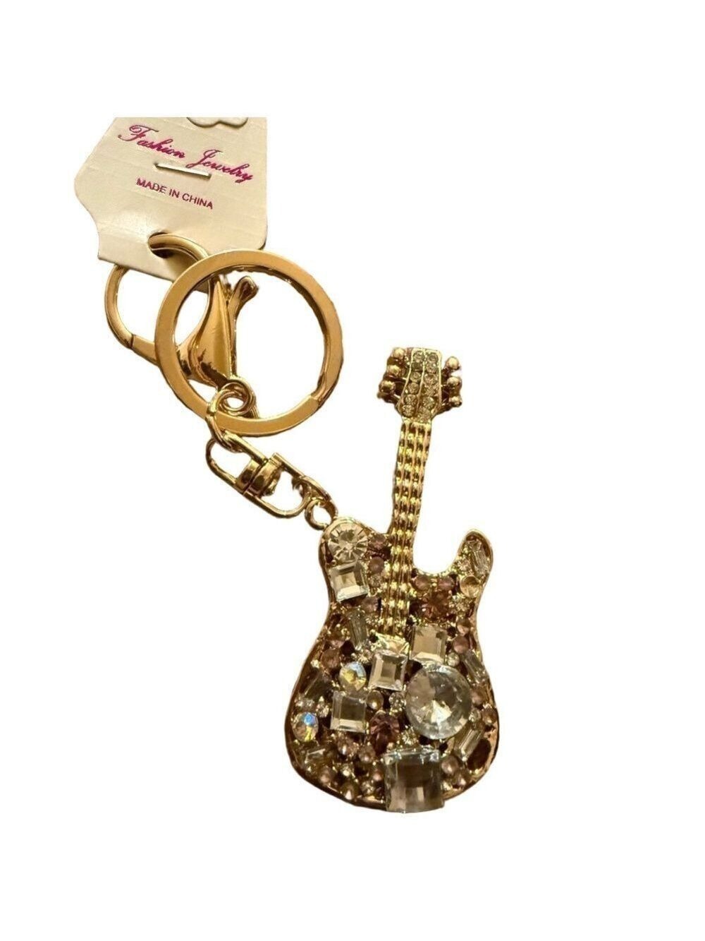 Fashion Jewelry Sparkling Gold Guitar Keychain